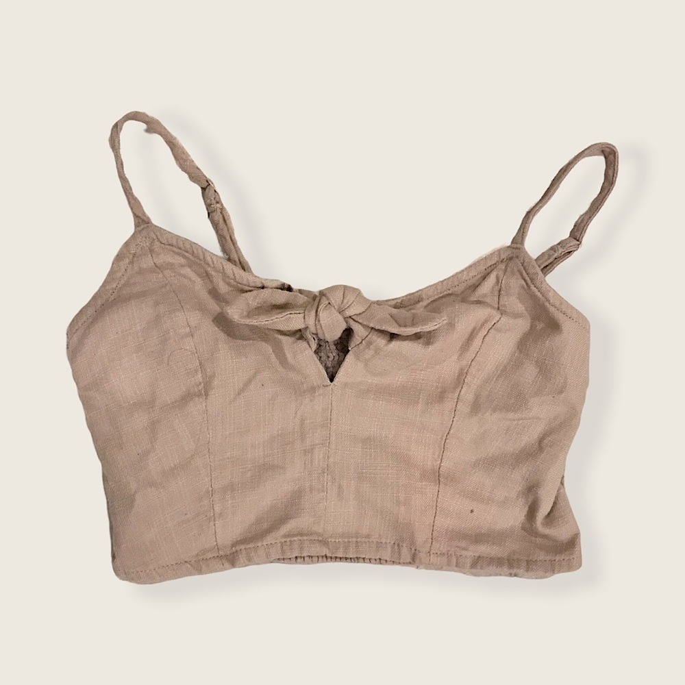 Aerie Bow Tie Front Light Tan/Beige Spaghetti Strap Festival/Summer Crop Top